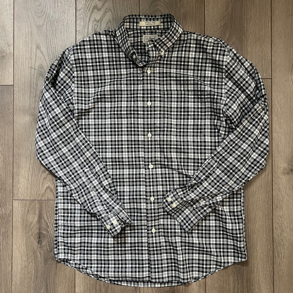 LL Bean Mens Wrinkle Free Traditional Fit Plaid Button Down Shirt Black White M